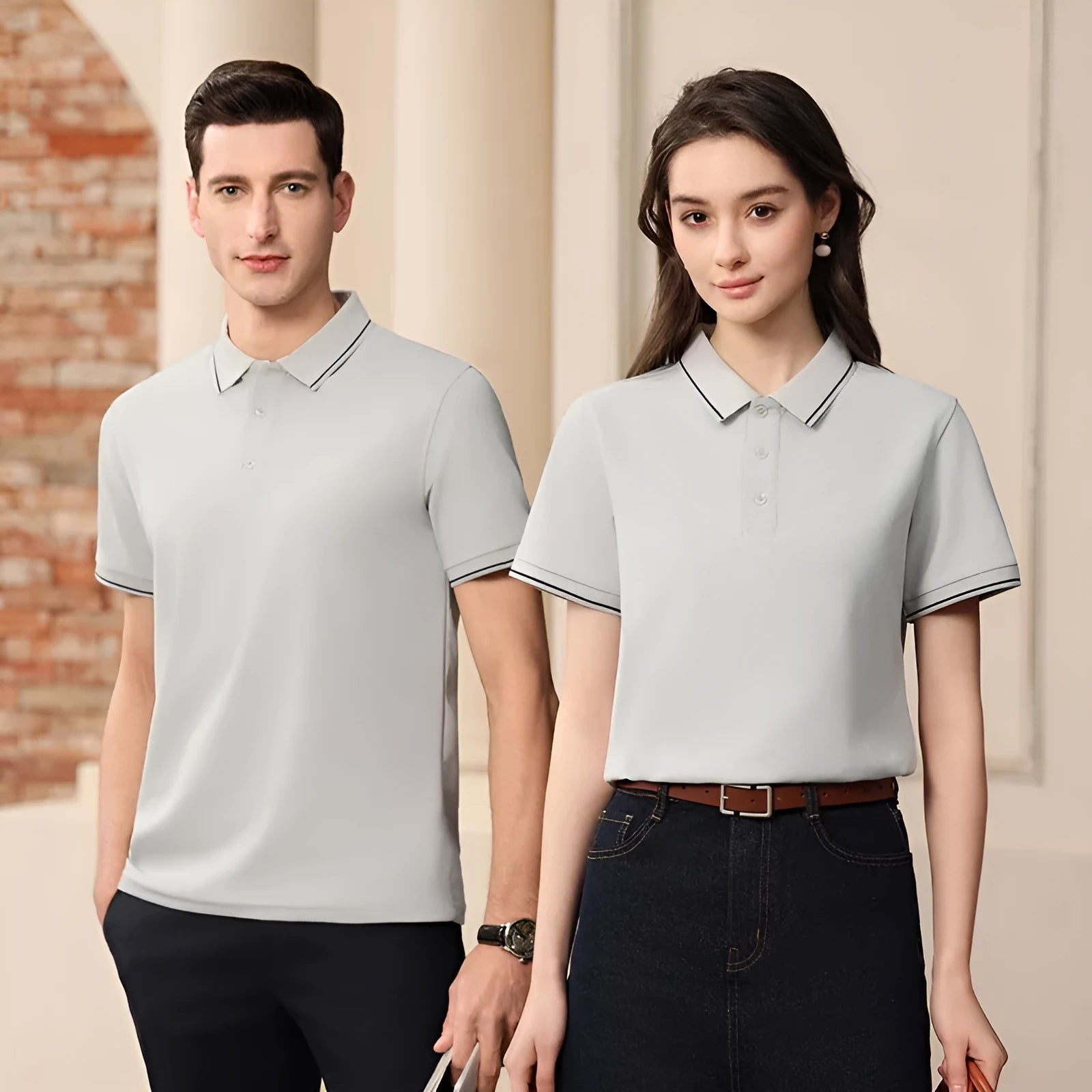 Antibacterial ice-sensitive lapel polo shirt in slim fit, shown in multiple colours.