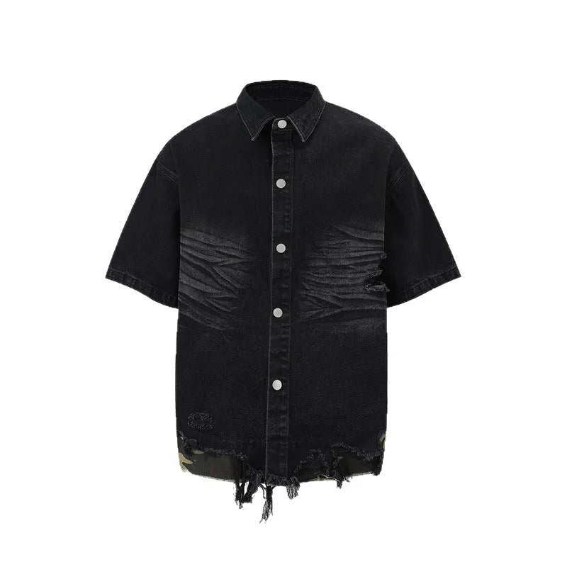 Denim two-piece streetwear set with leopard print stitching on short sleeve top and matching shorts