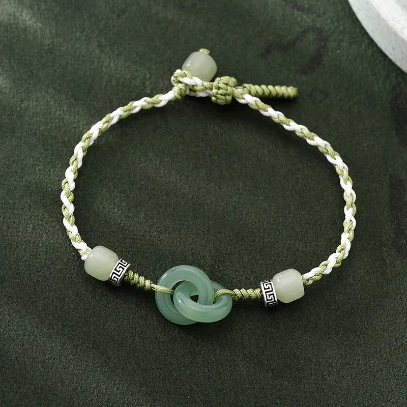 Green jade buckle copper bracelet with double ring strap ethnic design for women