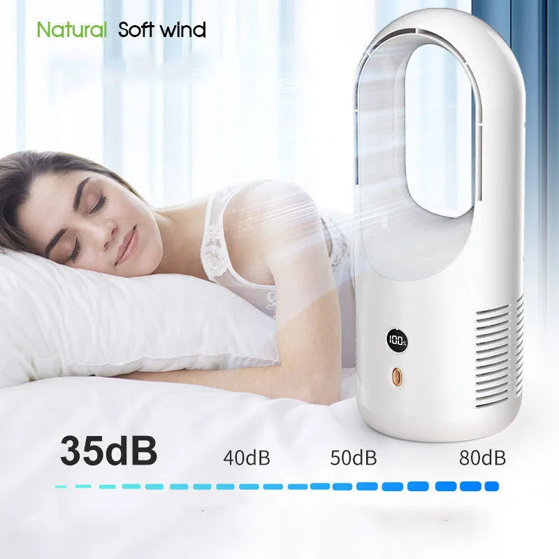 USB rechargeable bladeless desktop fan with LED display on a desk