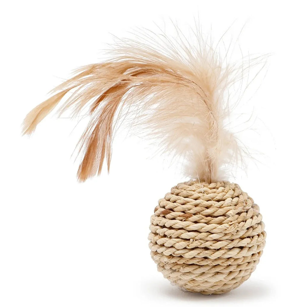 Two-piece cat toy set showing rattan ball with bell and faux feather ball in primary colours