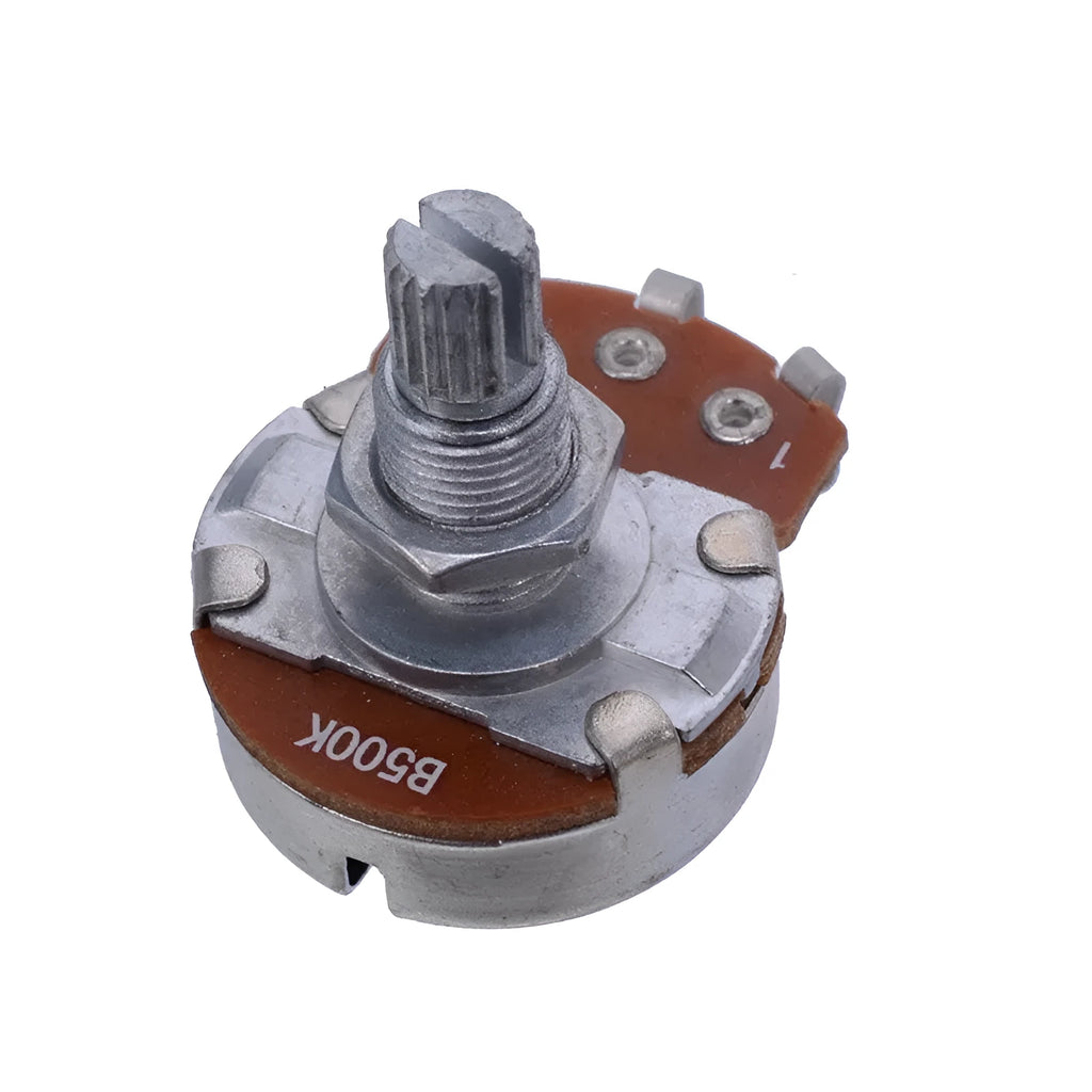 A single metal potentiometer knob for electric guitar, labelled with options A500K Tone, B500K Volume, A250K Tone, B250K Volume.