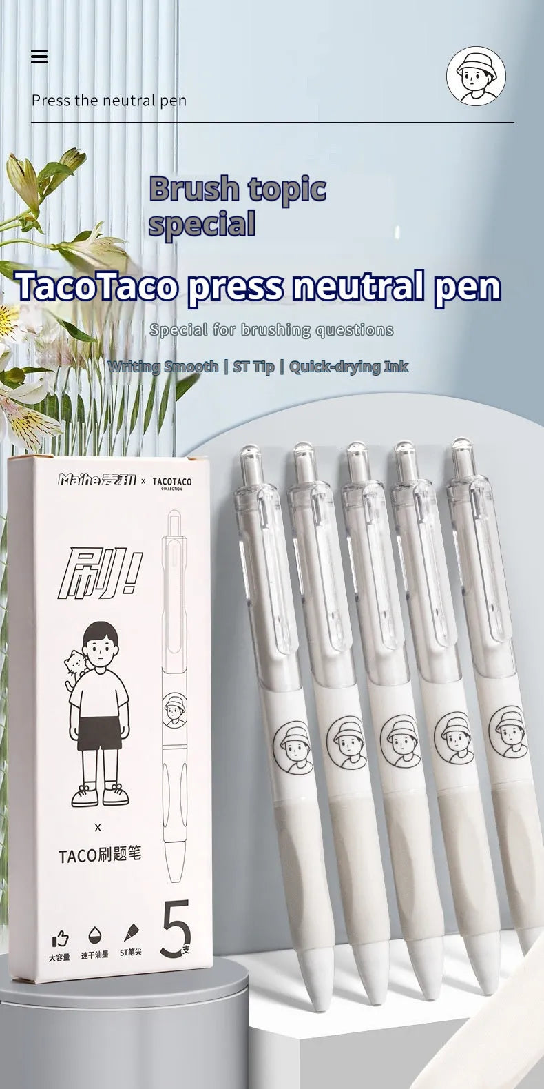 Five black Taco ballpoint pens with 0.5mm tips arranged together