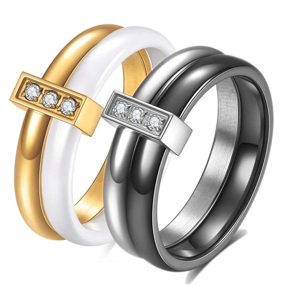 Ceramic women's ring with glossy stitching inlaid zirconium geometric design in steel black or gold white