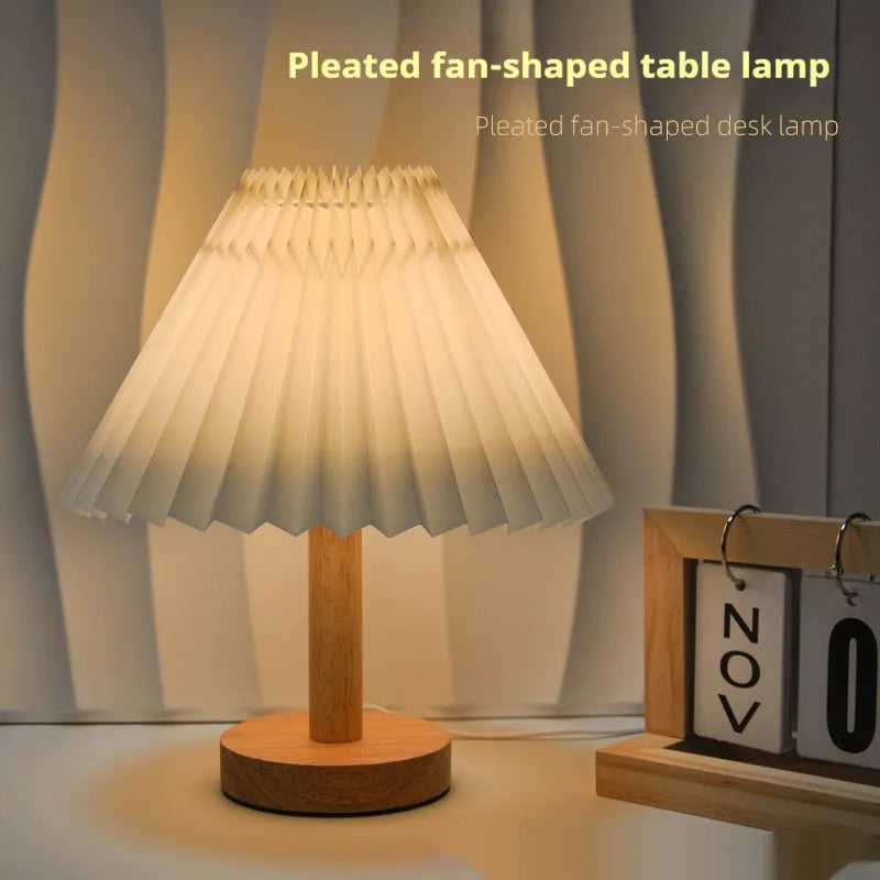 Vintage pleated umbrella shaped remote control bedside lamp in pure white colour with USB power cable
