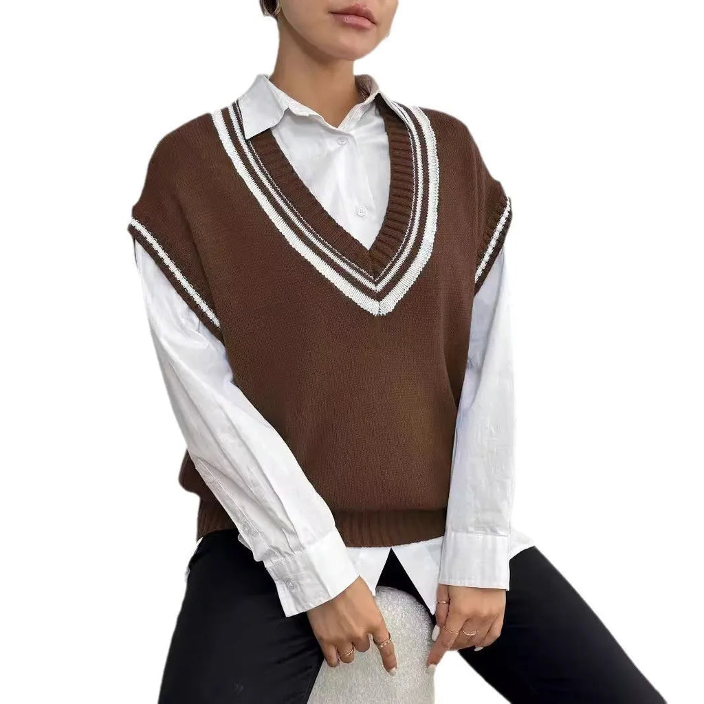 Women's loose fit wool blend vest sweater in college style with pullover design