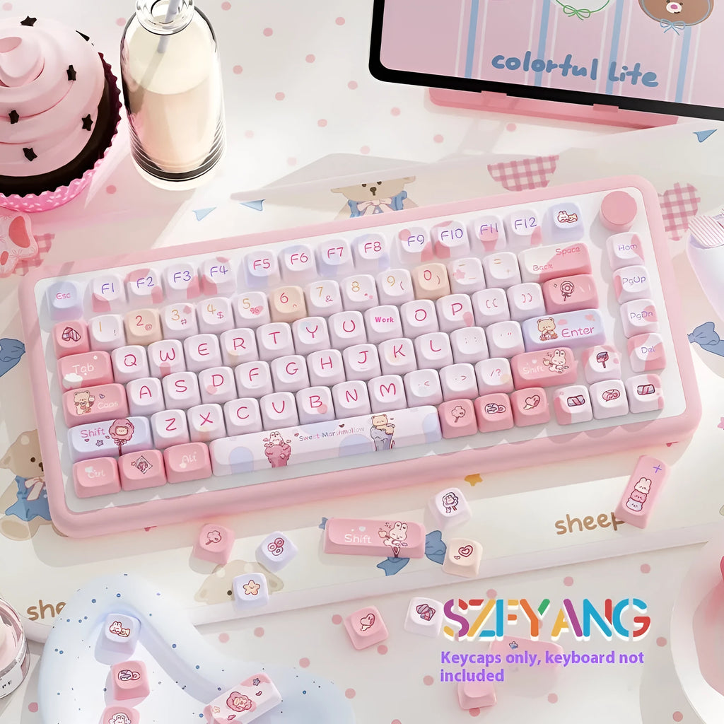 Sweet cotton candy coloured PBT keycaps for mechanical keyboards in 112-key or 120-key sets