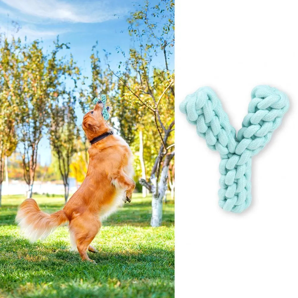 Blue Y-shaped cotton rope dog chew toy for large dogs showing dental health design
