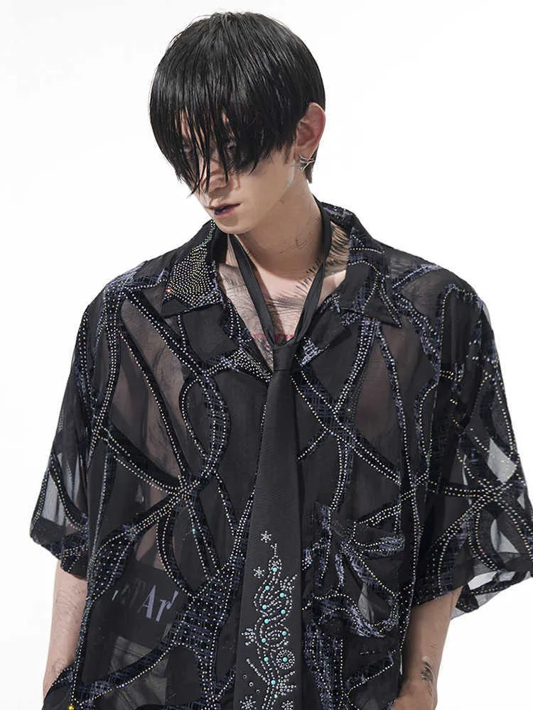 Men's black and grey snake pattern short-sleeve shirt with translucent fabric and lapel collar
