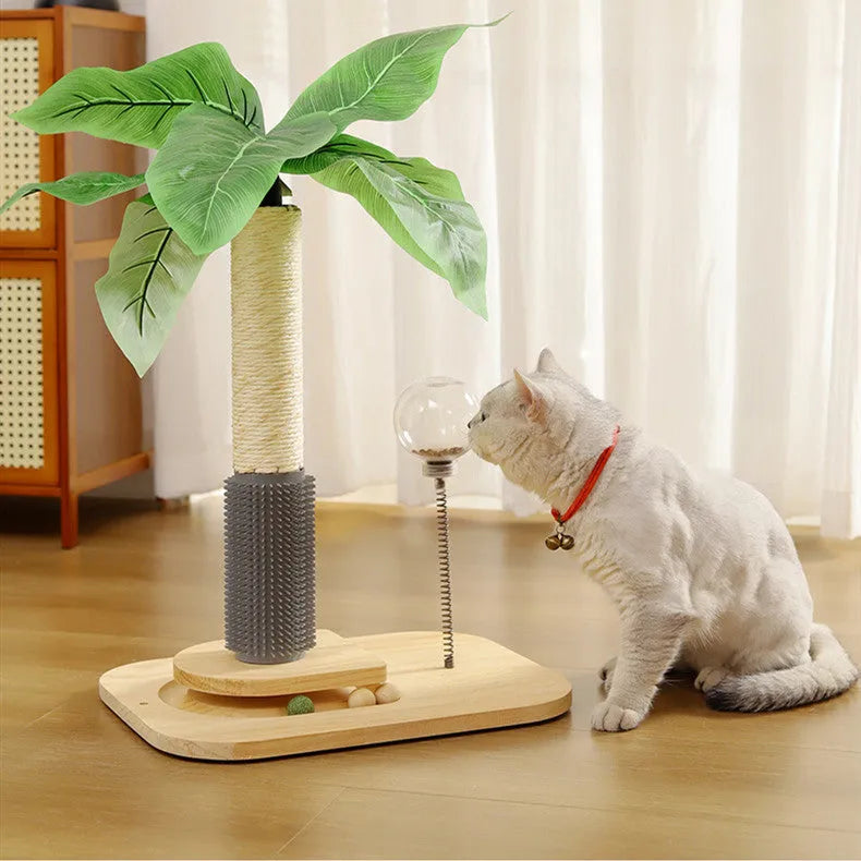 A wooden vertical cat scratching post in canna colour with a chamfered column and a food drop ball attached.