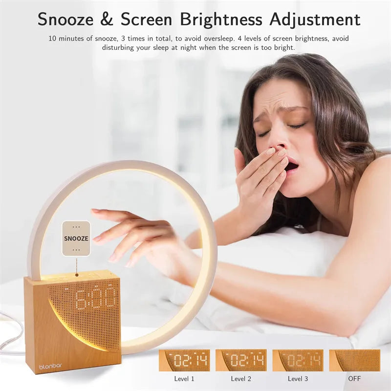 Touch-control bedside lamp with digital alarm clock display and wooden finish
