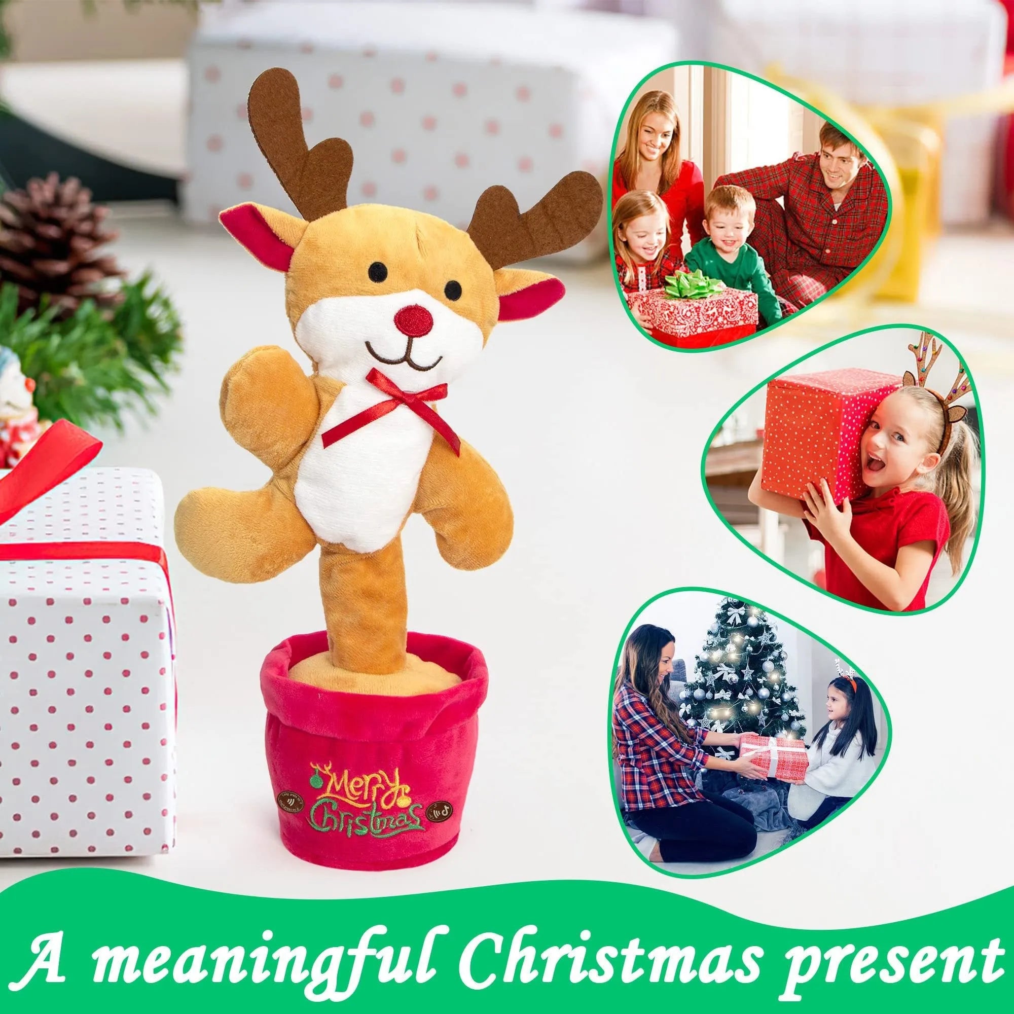 Soft dancing Christmas reindeer plush toy with recording and music functions, 32cm tall