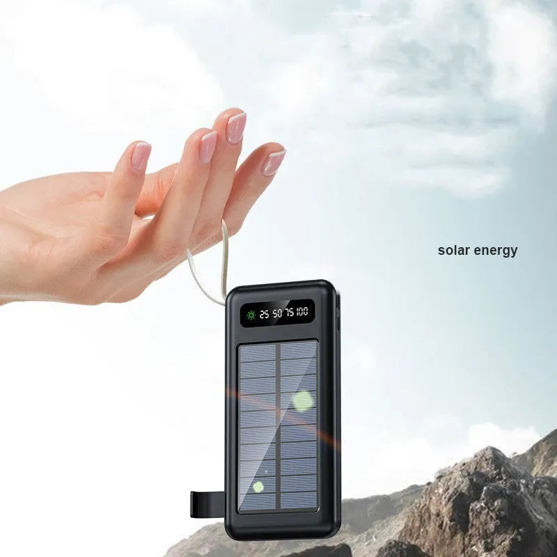 Solar power bank in black or white with polymer lithium-ion cells and solar charging panel