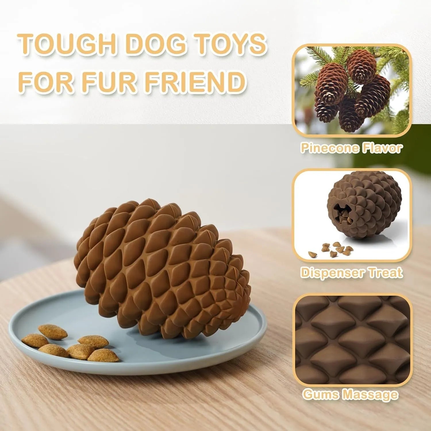 Yellow pine cone shaped natural rubber dog toy with treat dispenser for large dogs