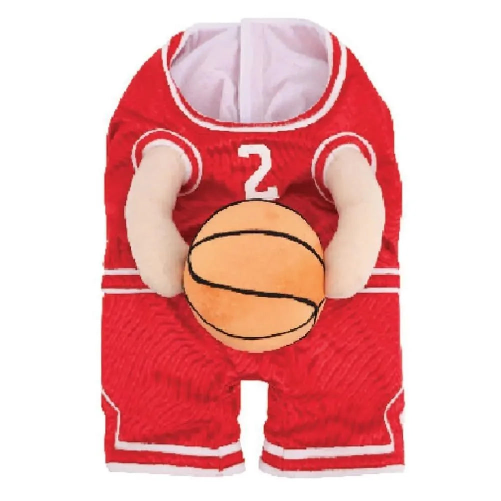 Red or yellow dog basketball costume with matching ball toy, shown in small, medium, and large pet sizes.