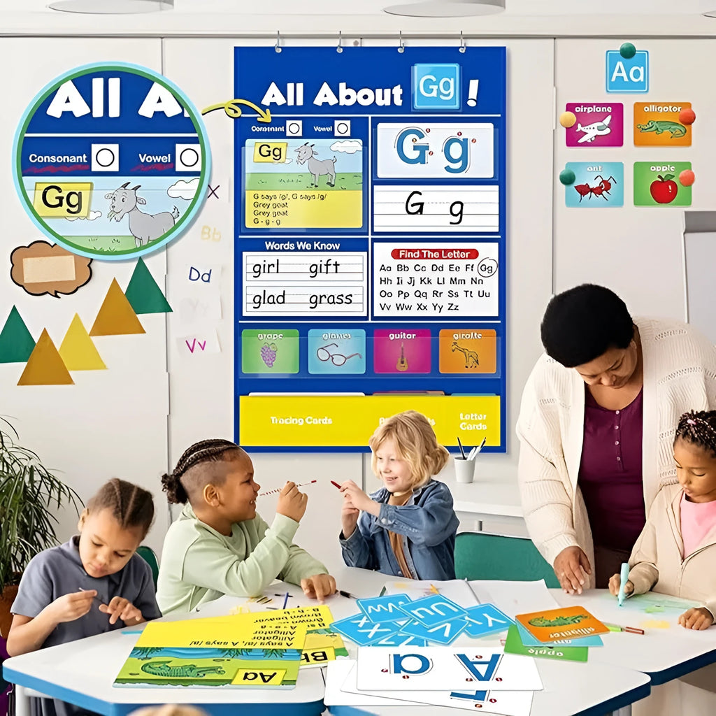 Large blue alphabet learning chart with letter cards, word cards, and picture cards arranged on its wipe-clean vinyl surface.