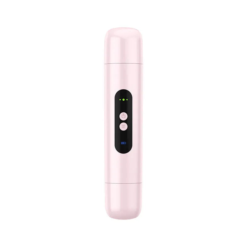 Pink and white portable electric armpit hair trimmer with USB charging cable on white background