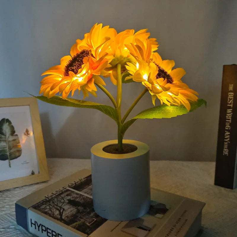 Sunflower LED night light with artificial flowers and rechargeable battery for table decoration