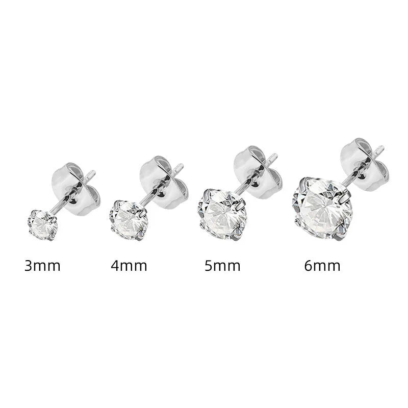 A pair of square geometric stud earrings with round zircon stones in stainless steel, shown in gold and steel colour finishes.