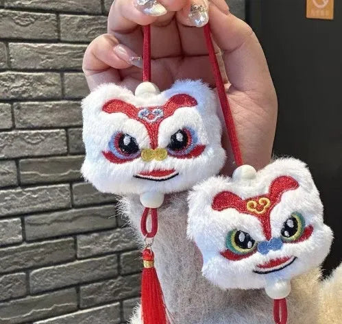 Chinese style plush lion tassel ornament keychain in blue or yellow colour