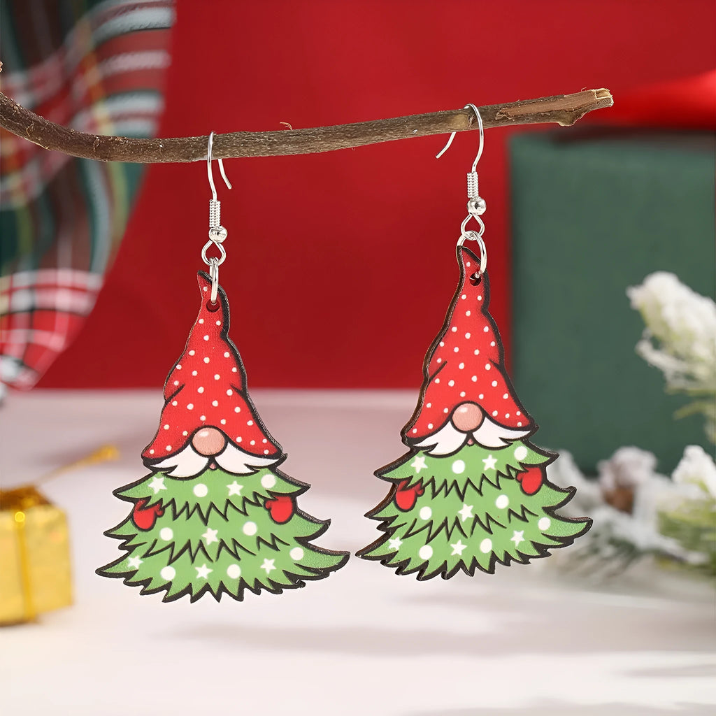 Wooden Christmas earrings with printed tree and snowman designs in festive colours
