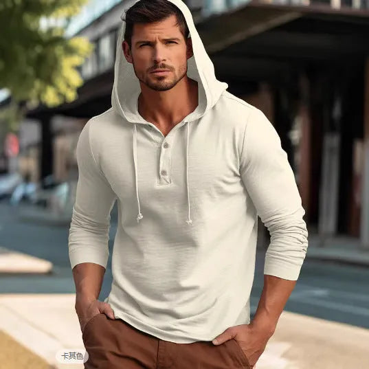Men's casual cotton hoodie top in dark blue colour showing pullover design with long sleeves