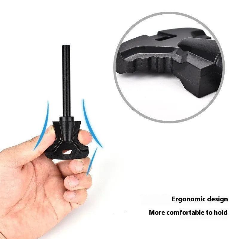 Butterfly-shaped stainless steel survival tool with fire starter and bottle opener, shown with dimensions.