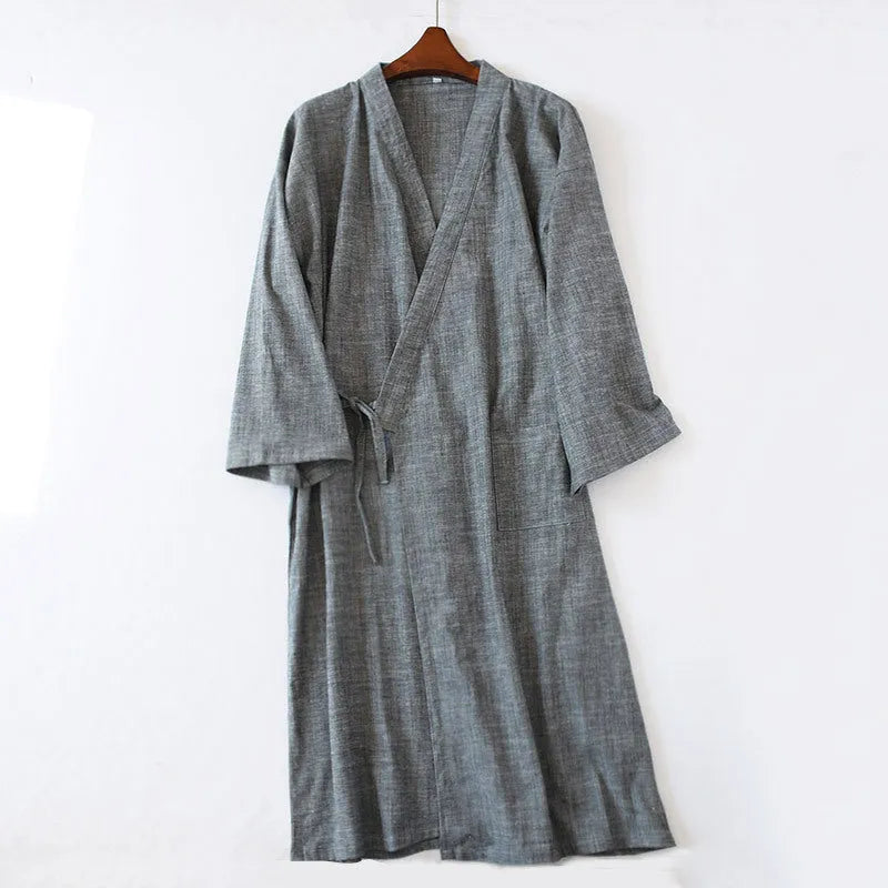 Men's woven cotton grey gauze mid-length nightgown home bathrobe summer lounging wear