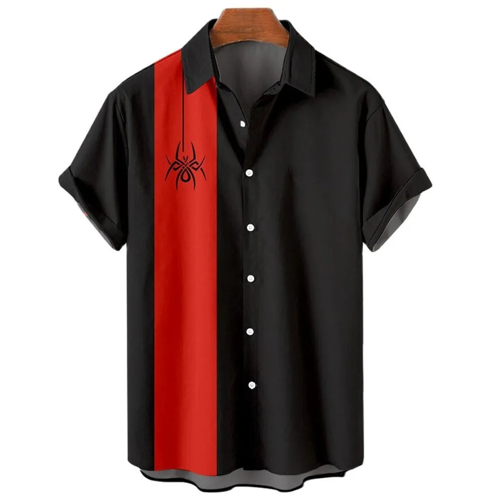 Men's short sleeve striped Hawaiian shirt with cardigan style collar on a mannequin.
