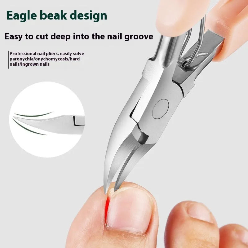 Coloured nail clippers with a visible angled bevel groove on the cutting head.
