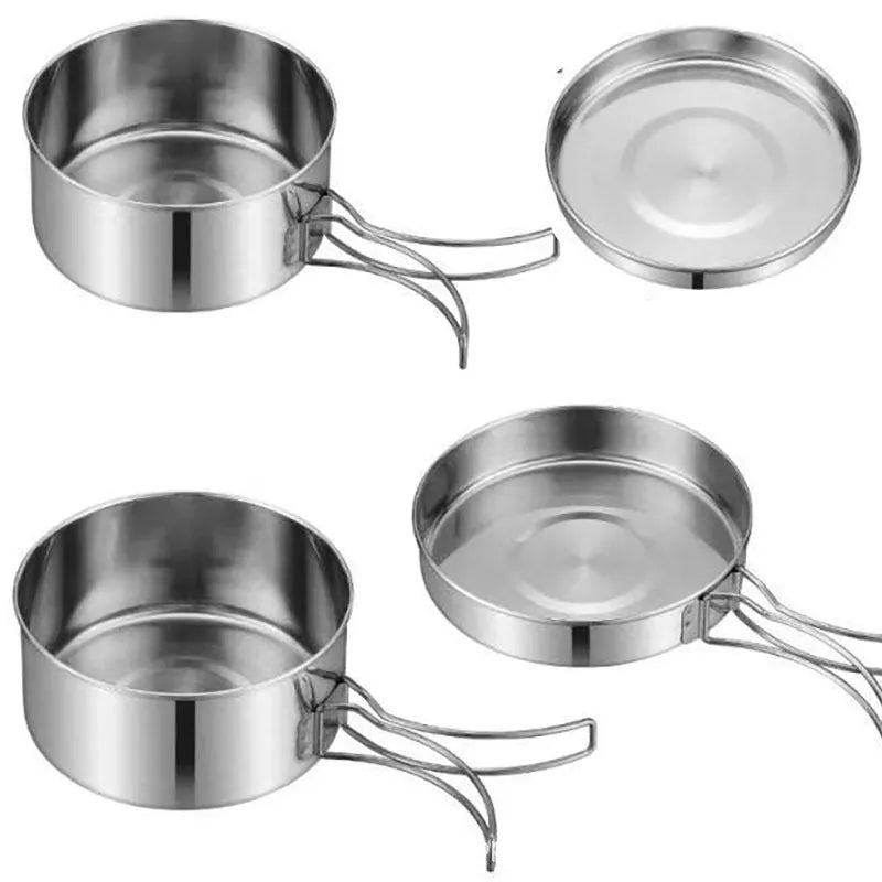 Silver stainless steel camping cookware pot set with 4-piece round design for 2-3 people