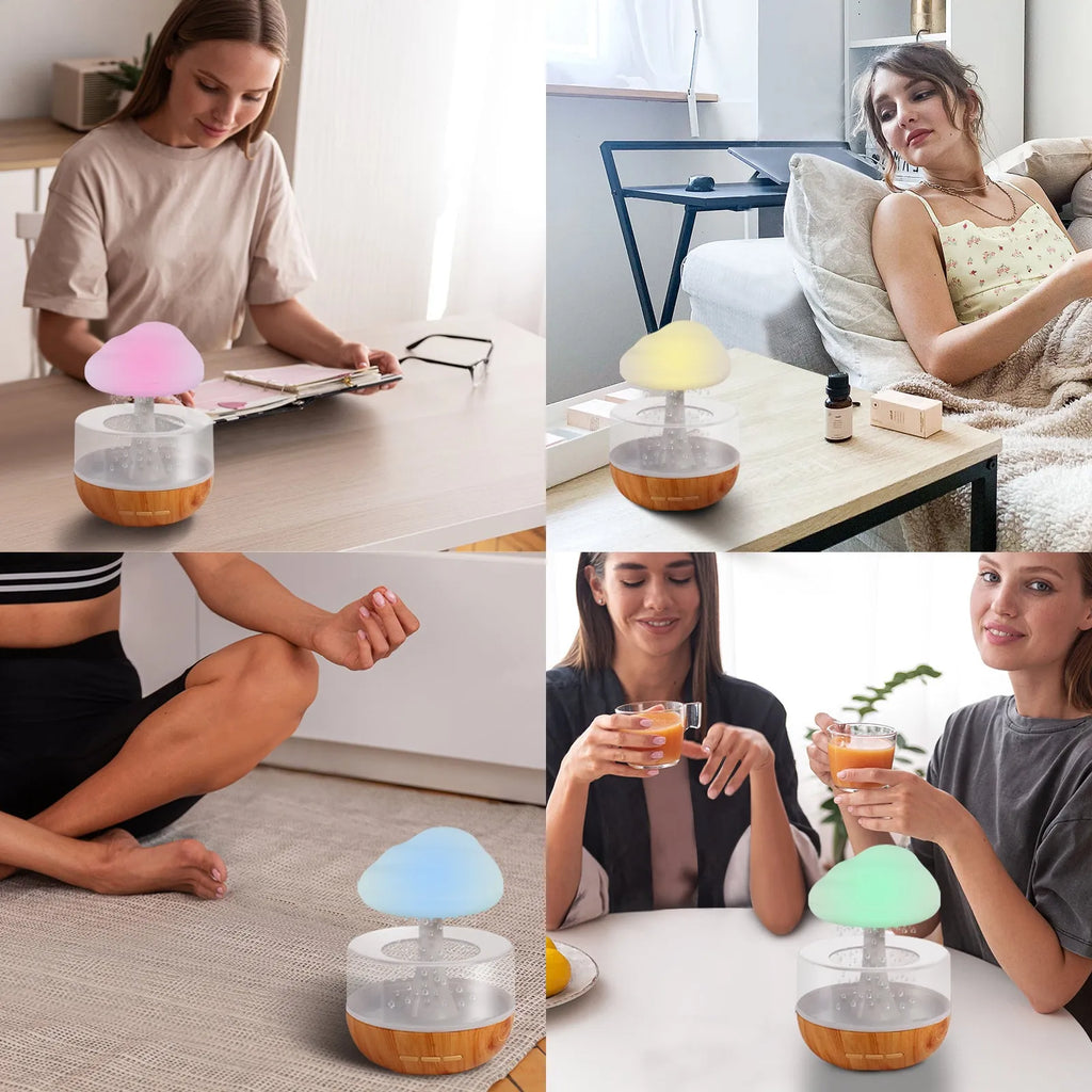 White cloud humidifier with LED night lights and USB charging cable