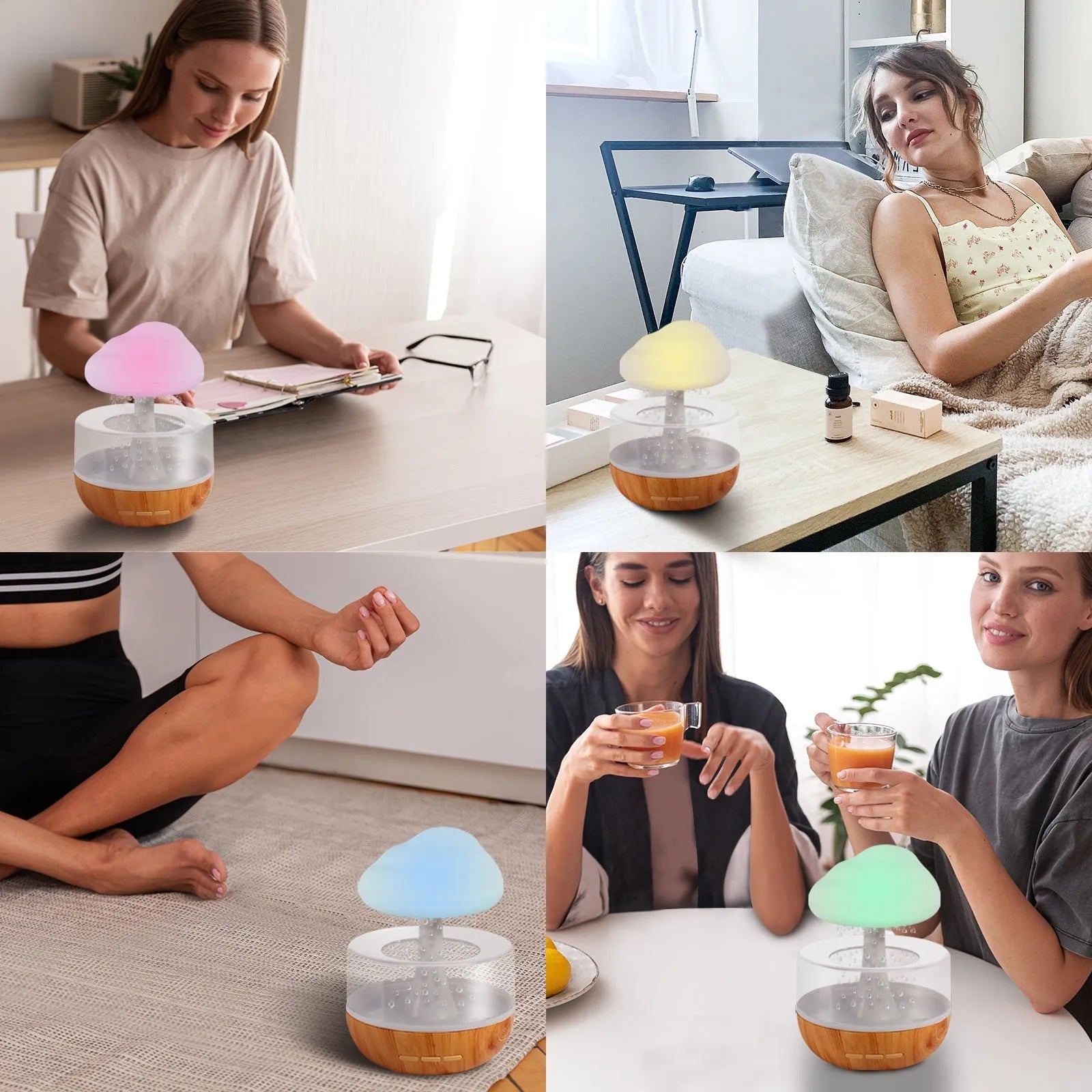 White cloud humidifier with LED night lights and USB charging cable