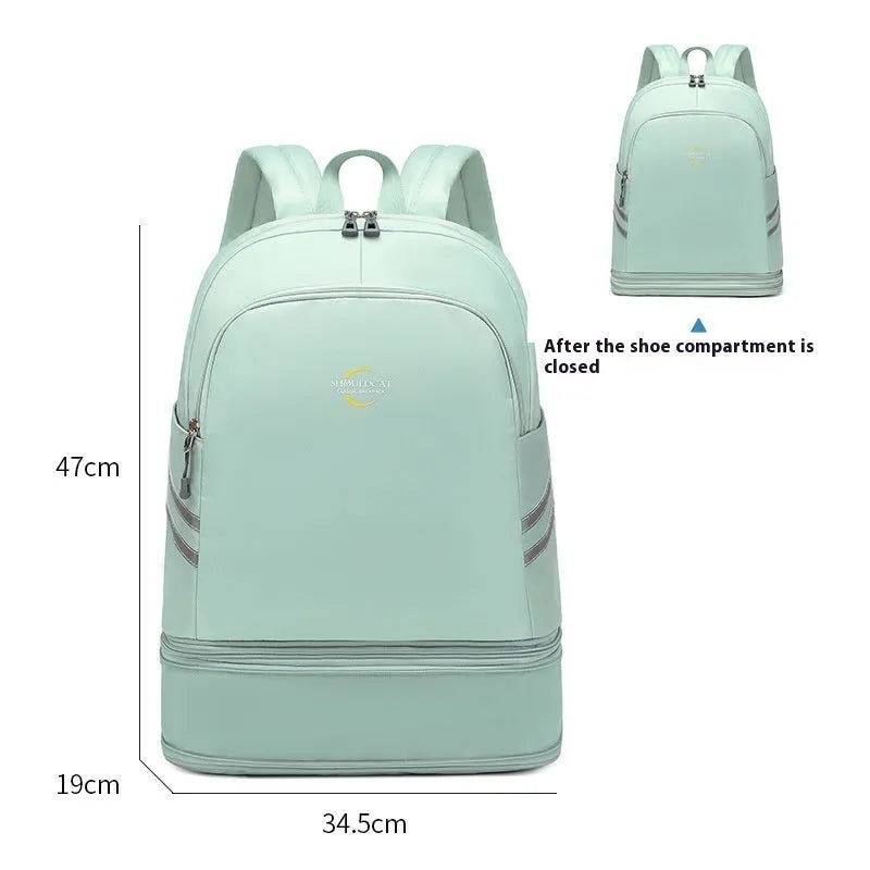 Large beige unisex backpack with dry-wet separation compartments and curved shoulder straps