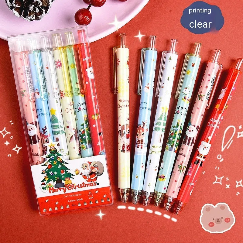 Set of six colourful cartoon-design press gel pens with black refills on a white background.