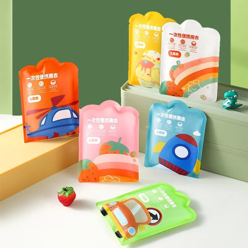 Children's disposable long raincoat poncho in blue, yellow, orange, pink, green and white colours.