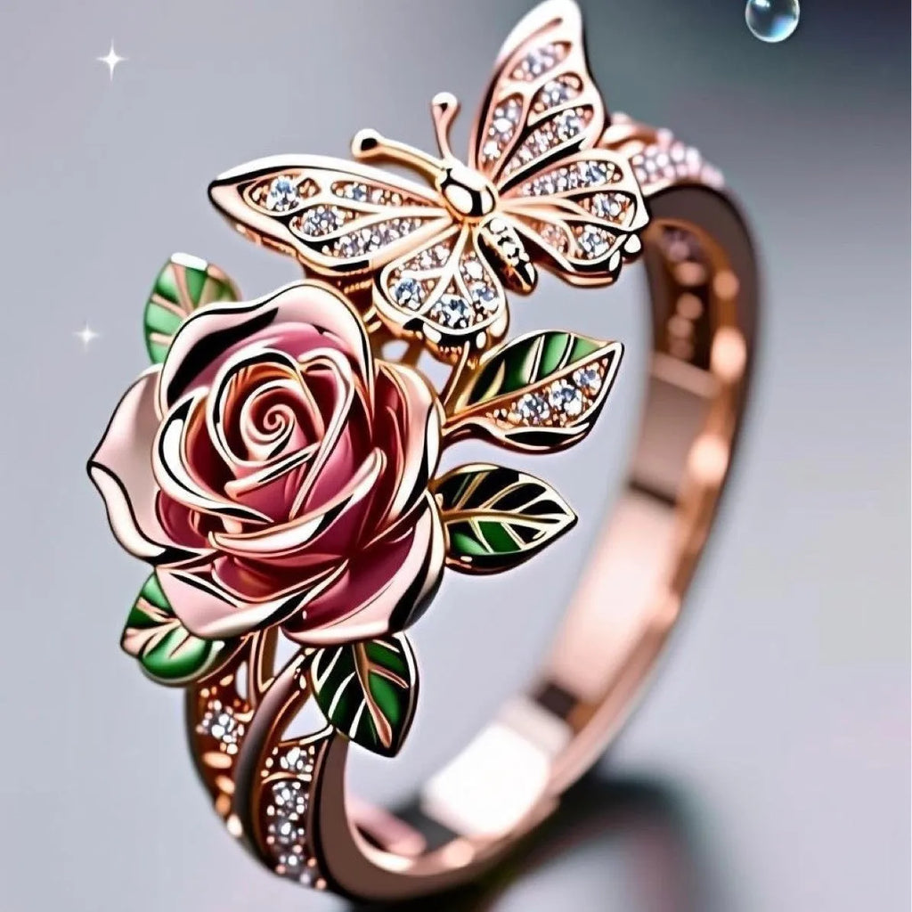 Adjustable butterfly personality ring with colourful oil drip treatment and floral motifs on alloy metal
