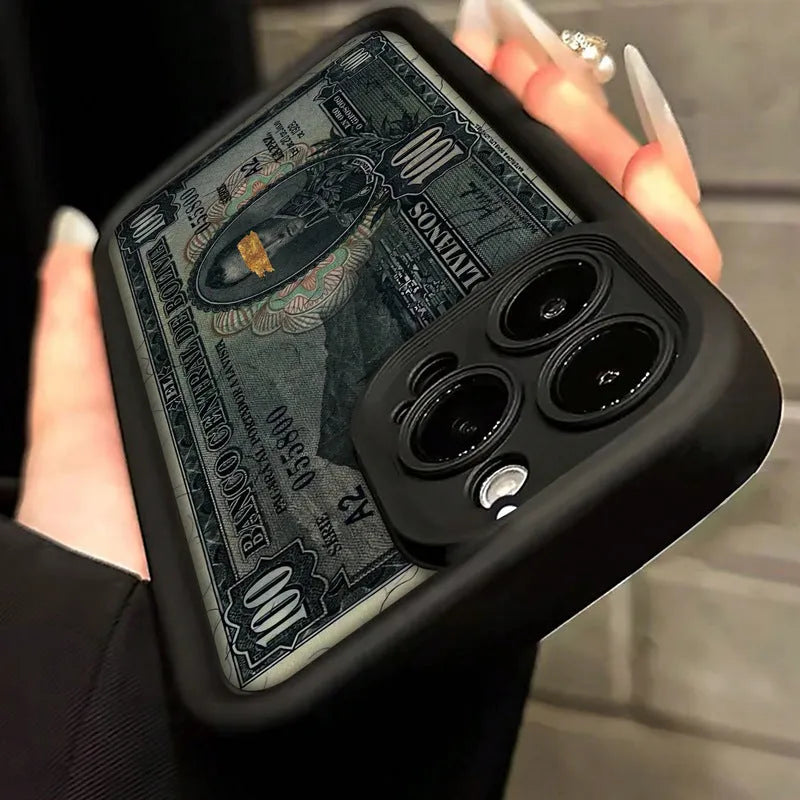 Black silicone phone case with dollar bill illustration for Apple iPhone, airbag anti-fall corners