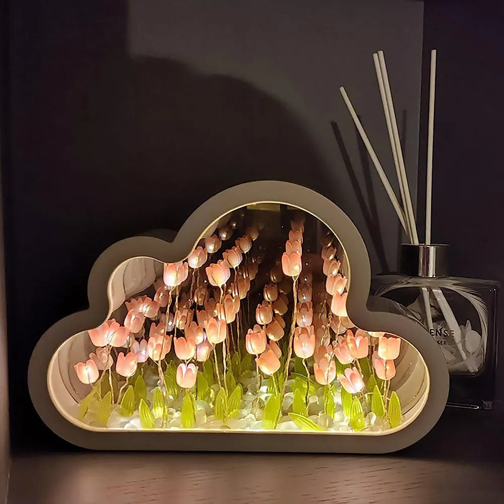DIY tulip-shaped night lamp with LED light and decorative mirror in multiple colour options