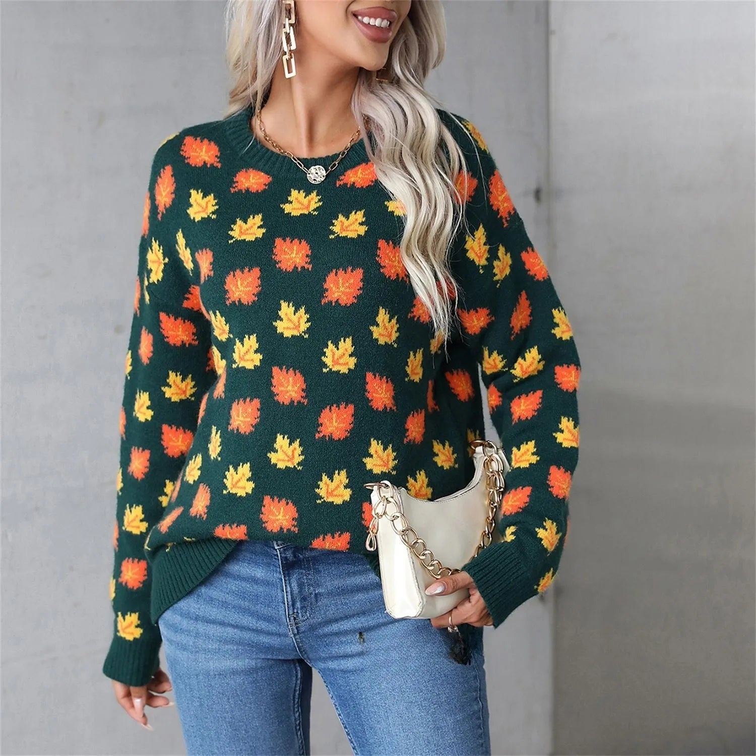 Maple leaf Christmas sweater in beige and dark green colours with street fashion style