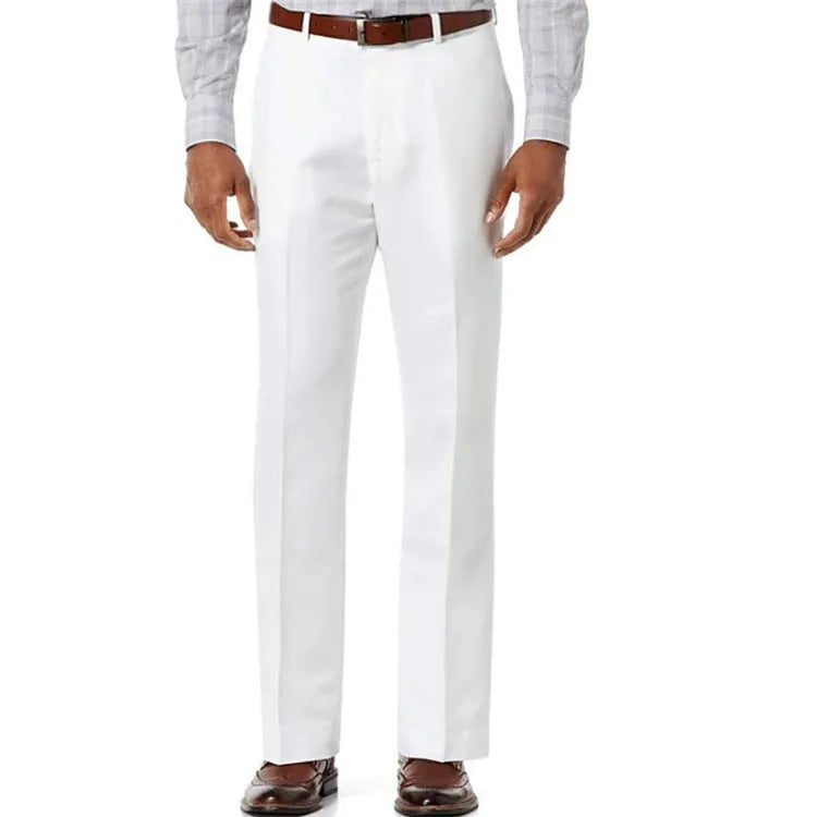 Men's solid colour linen-cotton trousers with slant pockets on a basic style.