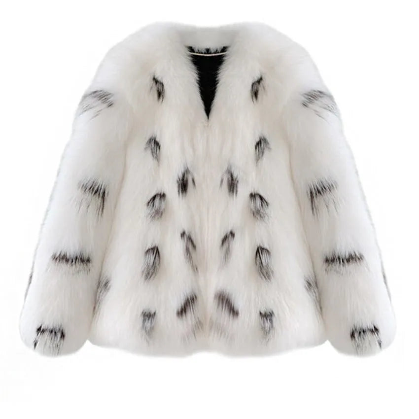 Women's black and white artificial raccoon fur coat in Korean slim-fit style with short length