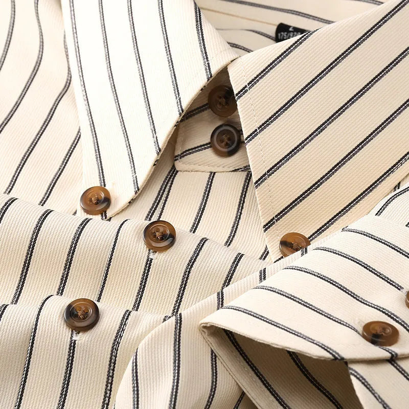 Coffee coloured striped men's long-sleeved shirt with a slim fit on a hanger.