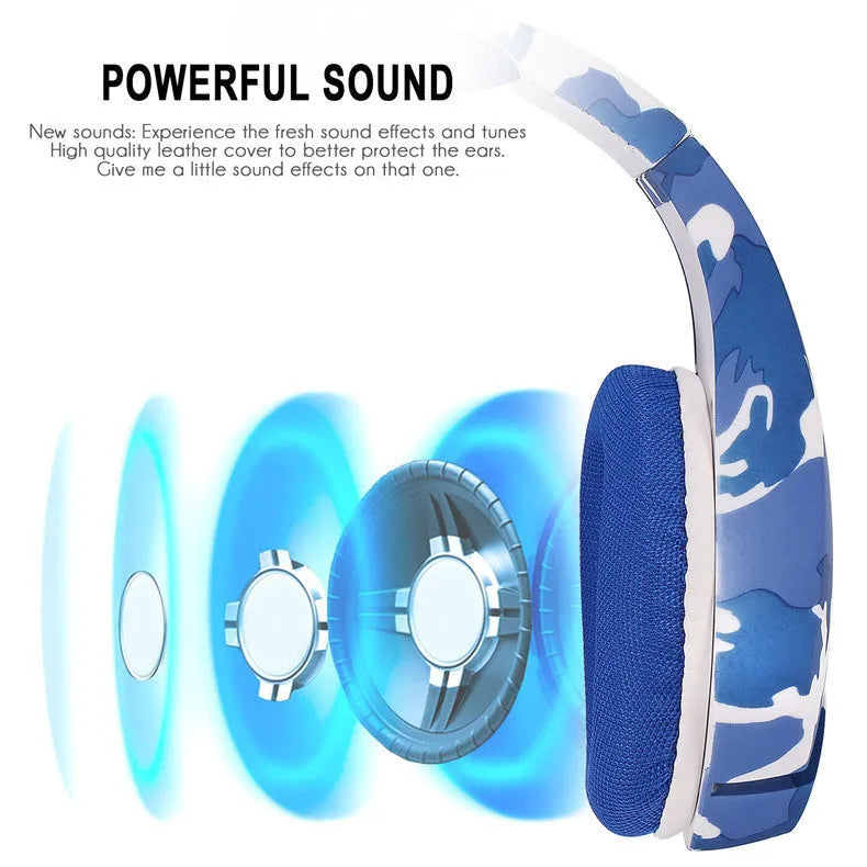 Wired gaming headset with cloth earmuffs and braided cable in camouflage blue colour
