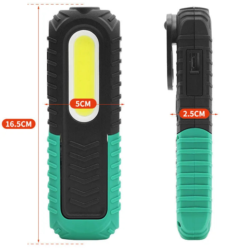 Black and green USB-charged auto repair work light with compact design for vehicle maintenance