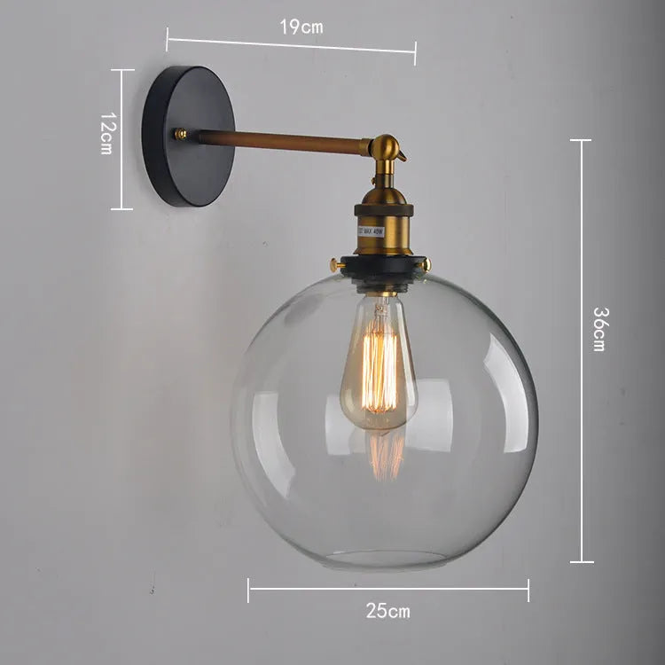 20cm diameter retro round ball glass wall lamp with aluminium holder in amber, smoky grey or clear colour.