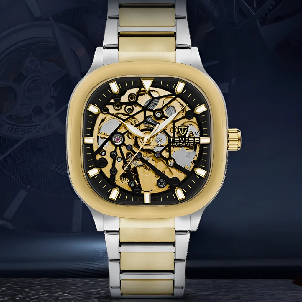 Men's automatic square watch with luminous hollow dial on a stainless steel strap, shown in blue colour.