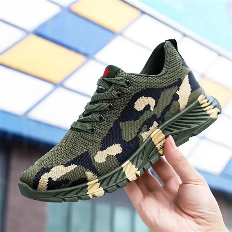 Army Green mesh military training sneakers with non-slip PVC sole on outdoor ground