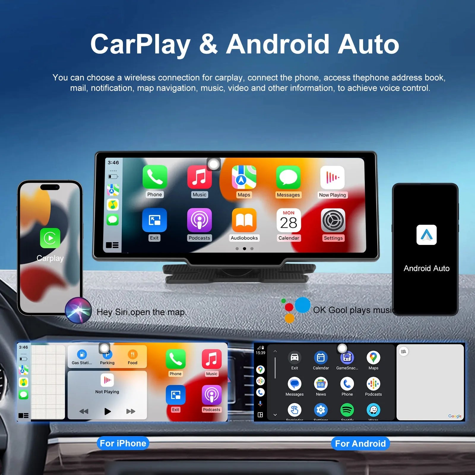 10.26-inch car DVR touchscreen display with rear view camera and CarPlay Android Auto connectivity
