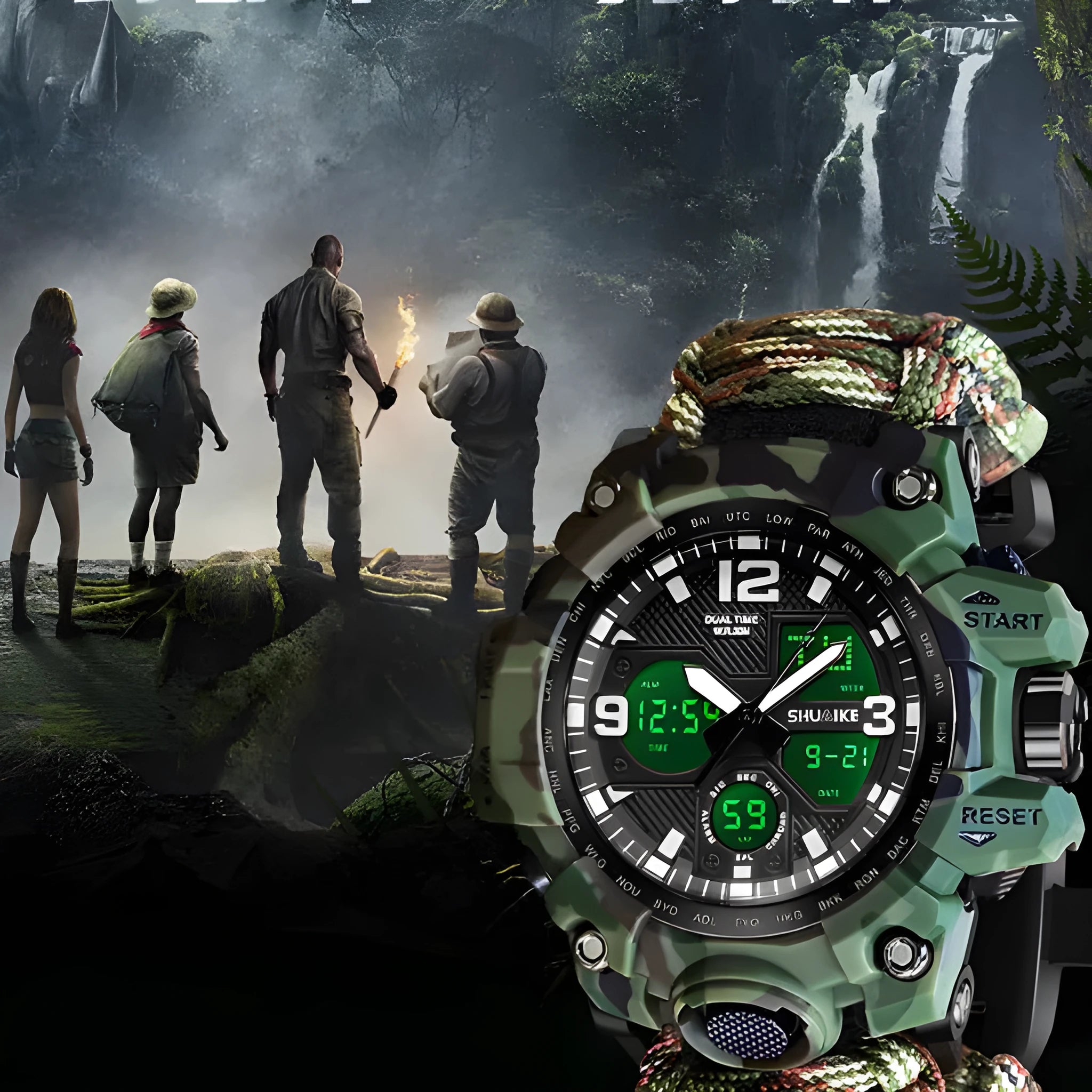 Double display electronic watch for men with compass, thermometer, whistle, and ignition on 1.3 inch screen